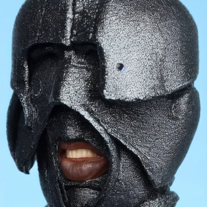 Image similar to kanye west, a hot toys figure of kanye west using a black face - covering mask with small holes, a blue overinflated puffer jacket and black rubber boots, figurine, detailed product photo