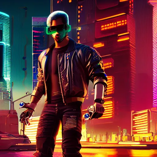 Prompt: cyberpunk 2077 full body portrait latino male gangster with gold prosthetic robot arm metal golden mantis claw cyberarm neon chrome detailed cityscape background