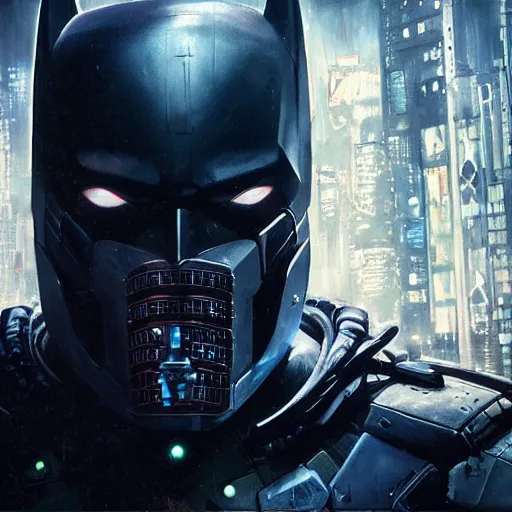 Image similar to cyberpunk batman with fullface mask, wide shot, moody, futuristic, city background, brush strokes, oil painting, greg rutkowski