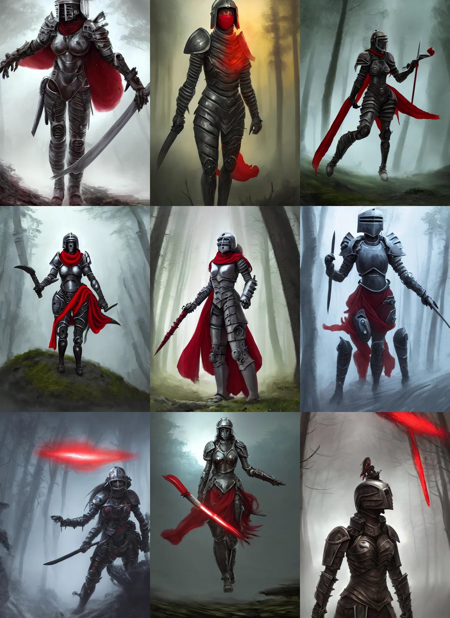 Prompt: a matte painting, a helmeted female warrior, wearing battle worn bionic armor, wielding twin swords with a red scarf billowing behind her, a large monster in the mist, the forest plains of north yorkshire, good value control, concept art, digital painting, sharp focus, (((knight))), symmetrical, single character full body, 4k, illustration, glowing eyes, rule of thirds, centered, moody colors, moody lighting,