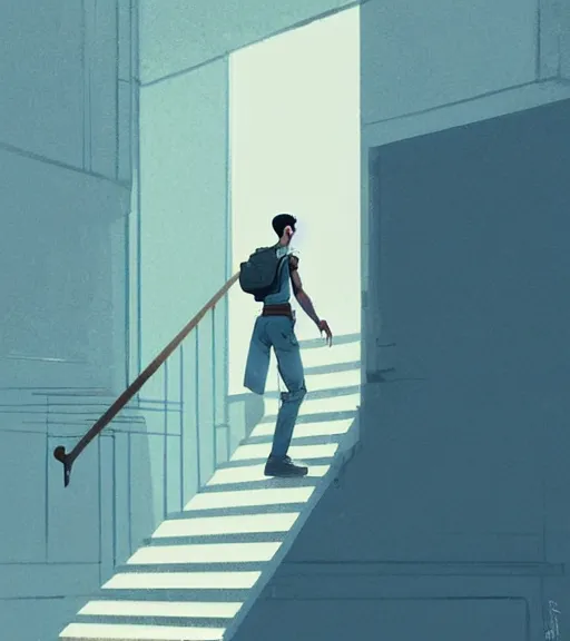 Image similar to a prince standing on the stairs to the throne by atey ghailan, by greg rutkowski, by greg tocchini, by james gilleard, by joe fenton, by kaethe butcher, dynamic lighting, gradient light blue, brown, blonde cream and white color scheme, grunge aesthetic