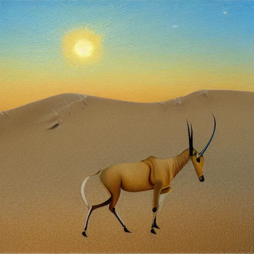 Prompt: golden oryx walks in the desert against the backdrop of a large sand dune, dawn, oil painting style,