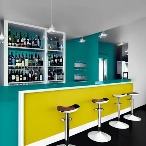 Prompt: bar in minimalist design, white colour with blue yellow and green elements, mirror's edge style