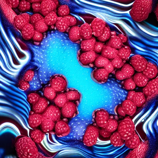 Image similar to raspberry, blueberry, vanilla smoothie explosion, intricate complexity, inverted neon red white and blue drip paint, psychedelic glitch art, trending on art station, photoreal, 8 k, octane render