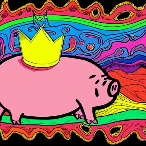 Image similar to trippy comic art of a pig wearing a gold crown sleeping on a rainbow in the sky with white clouds, drawn by Martin Rowson, Tim Burton, Studio Ghibli, Alex Pardee, Nekro Petros Afshar, James McDermott, colors by lisa frank, unstirred paint, vivid color, cgsociety 4K