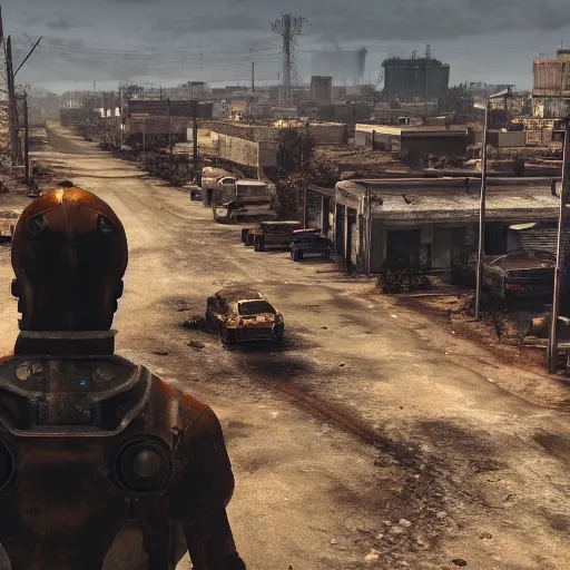 Image similar to a fallout game set in south texas and new mexico, el paso, city, post apocalyptic, 4 k hd, game screenshot