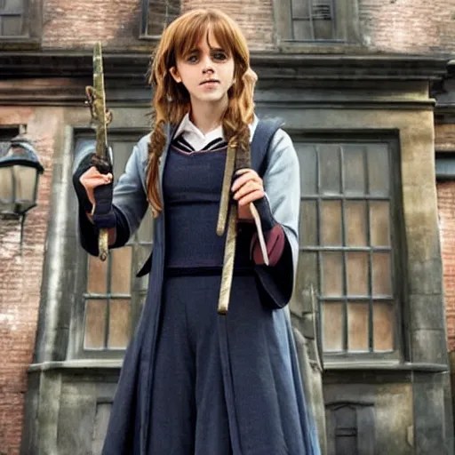 Image similar to emma watson as hermione granger as an anime character, holding a wand, standing in anime diagon alley