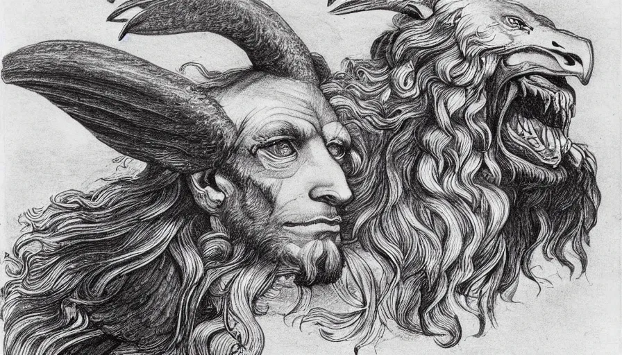 Image similar to human / eagle / lion / ox hybrid. horns, beak, mane, human body. drawn by da vinci