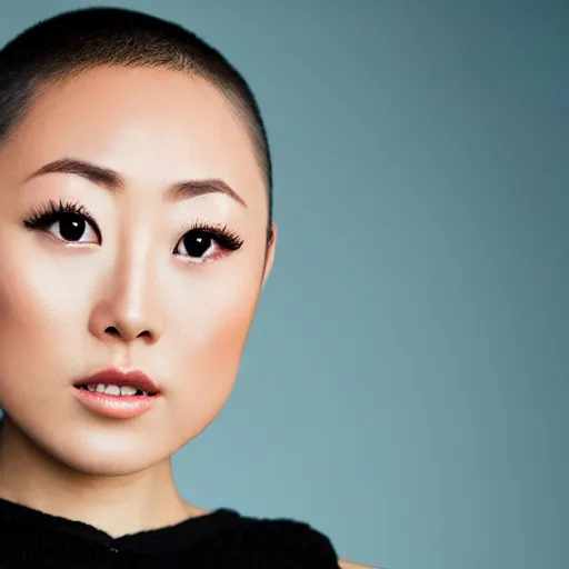 Image similar to portrait karen fukuhara bald neutral expression face straight on headshot even lighting