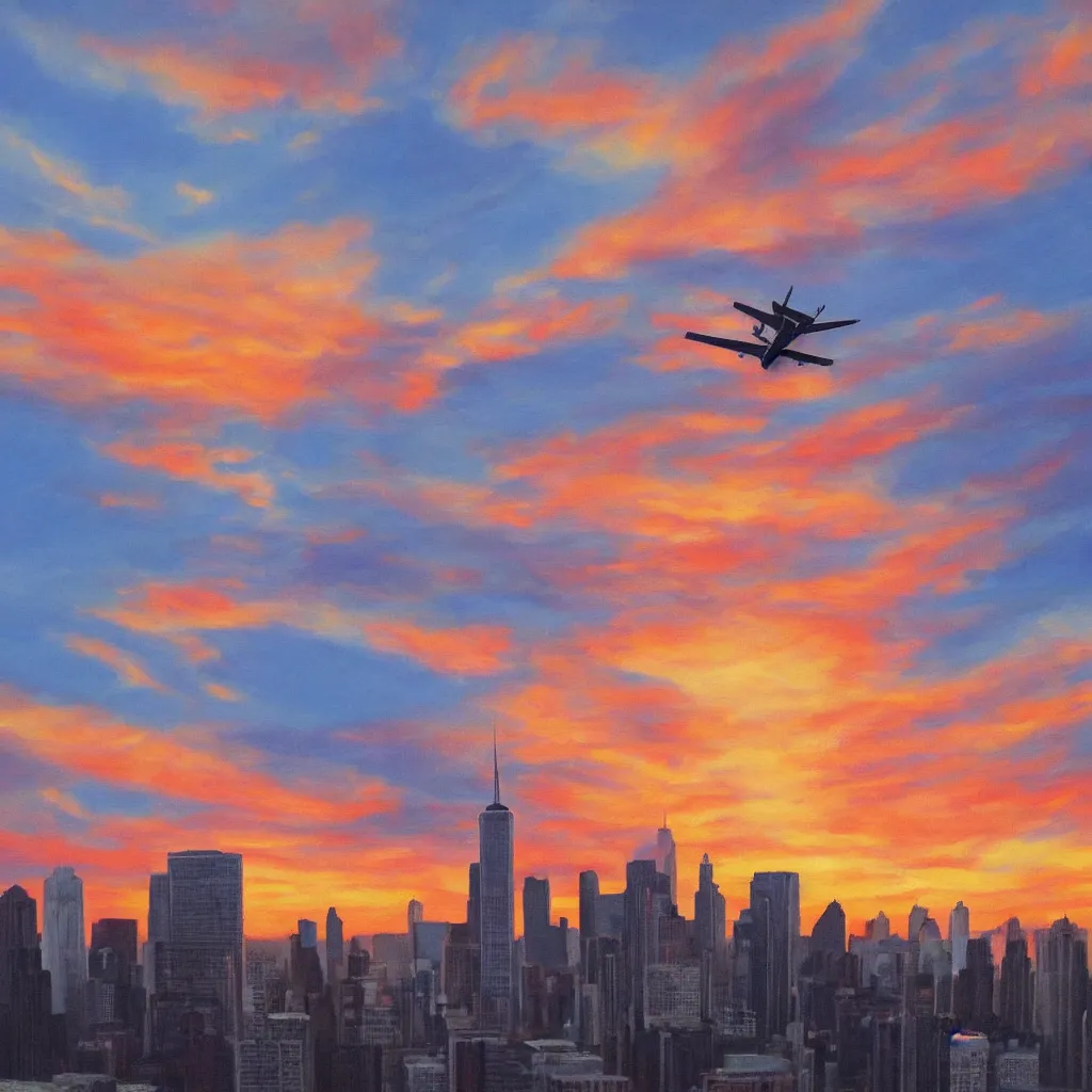 Prompt: Photorealistic painting of a plane flying straight into World Trade Center with a beautiful sunset in the background