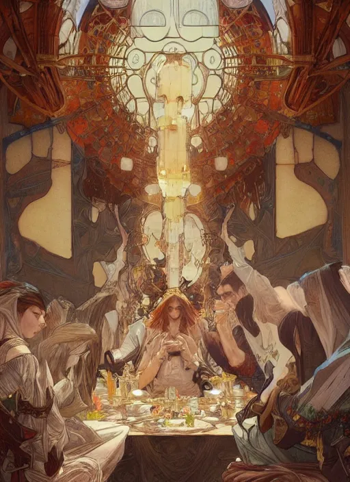 Image similar to the last supper beautiful painting by artgerm and greg rutkowski and alphonse mucha, highly detailed, illustration, epic, fantasy, intricate, hyper detailed, artstation, concept art, smooth, sharp focus, ray tracing, only mens