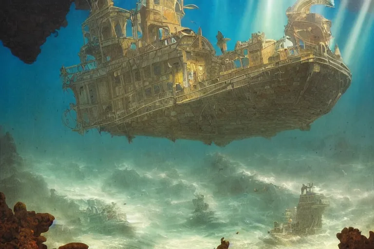 Prompt: a scenic view of the lost and abandoned city of Atlantic under water, ray of sunlight, shipwreck at the bottom of the sea, fish flocks, Greg Rutkowski, Moebius, Mohrbacher, Mucha, blue and gold color scheme, ultra wide angle, light effect