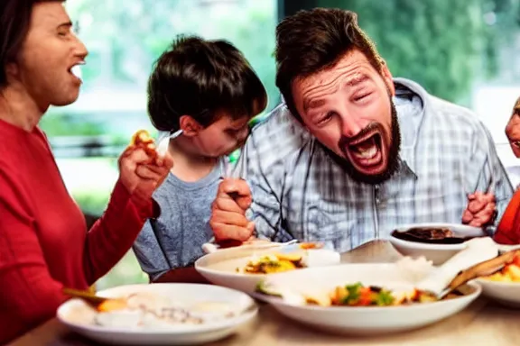 Prompt: a man unhinging his jaw while eating dinner with his family