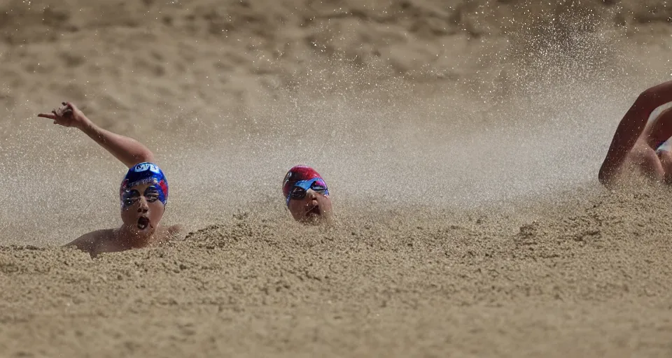 Image similar to olympic swimming in sand instead of water, extremely coherent, motion blur