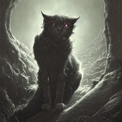 Prompt: photorealistic demonic cat in the style of michael whelan and gustave dore. hyperdetailed photorealism by greg rutkowski. 1 0 8 megapixels, 3 d finalrender, cinematic lighting