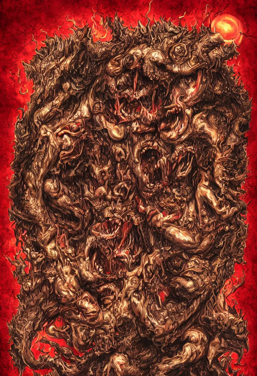 Image similar to alpine herpes of world domination, sun god, death god, hell, smile, monster teeth covered in red, dark and mysterious, full body, rococo, cinematic, epic, very detailed, full body