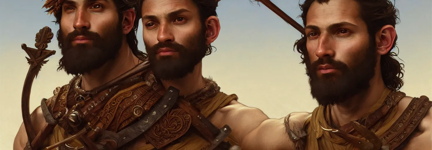 Prompt: renaissance upper body portrait of a gruff ranger with a spear, Ethiopian, lean and toned, handsome face, hairy chest, D&D, intricate, elegant, highly detailed, digital painting, artstation, concept art, matte, sharp focus, illustration, art by da Vinci, Artgerm and Greg Rutkowski and Alphonse Mucha