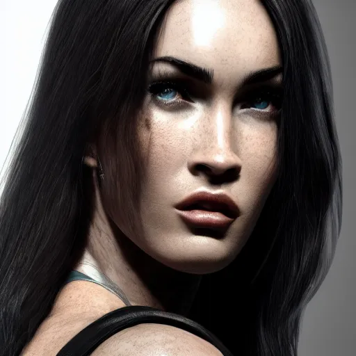 Image similar to Megan Fox portrait, ultra photorealistic, Cyberpunk 2077, neon, octane, bokeh, 8k