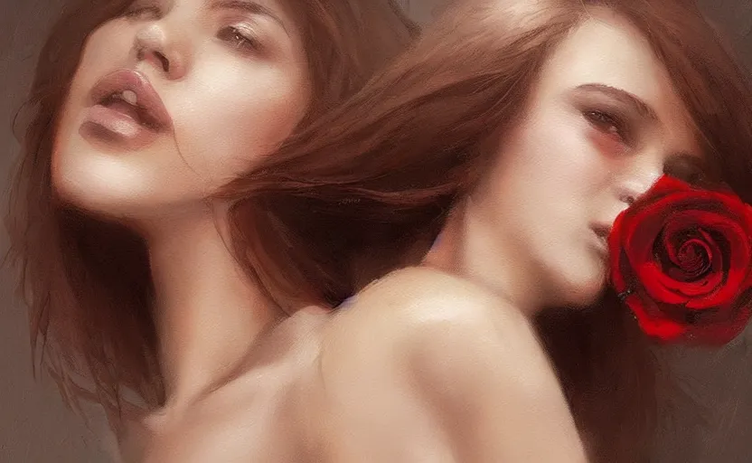 Image similar to a painting of virtualrose trending on artstation in the style of greg rutkowski, beautiful, young female, sensual, natural skin, brown hair, red rose in hair, natural sensuality