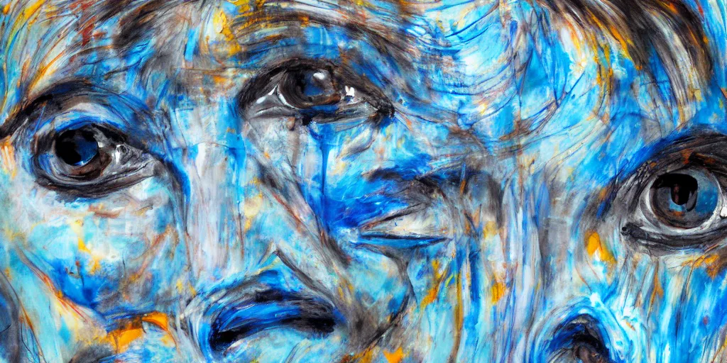 Image similar to chaotic expressionism painting of a face, blue color palette