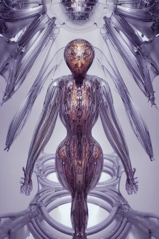 Image similar to background space station, baroque inflateble dress iris van herpen positing on floor, helmet instead of a head, perfect symmetrical, full body shot, inflateble shapes, wires, tubes, veins, jellyfish, white biomechanical details, wearing epic bionic implants, masterpiece, intricate, biopunk, vogue, highly detailed, artstation, concept art