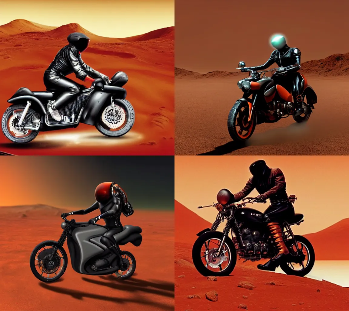 Prompt: grace jones riding a motorcycle across the surface of mars, action photography, award - winning, 4 k, extremely detailed,
