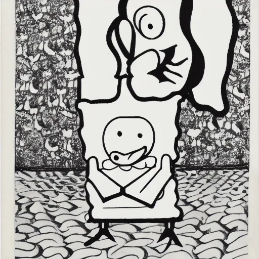 Image similar to spongebob squarepants, portrait, b&w, woodblock print, by Aubrey Beardsley