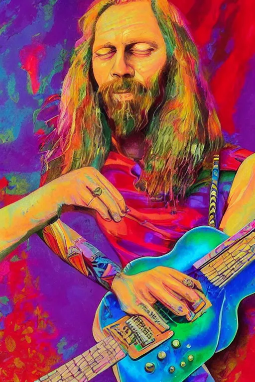 Image similar to a professional painting of Duane Allman, in brightly colored psychedelic shirt, playing a guitar, long hair, beautiful bone structure, symmetrical facial features, intricate, elegant, digital painting, concept art, smooth, sharp focus, illustration, from StarCraft by Ruan Jia and Mandy Jurgens and Artgerm and William-Adolphe Bouguerea, epic, stunning, gorgeous, intricate detail, much wow, ultra realistic, photorealism, 4K, masterpiece, trending on artstation