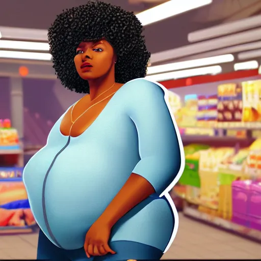 Prompt: stunning, coherent, beautiful painting, still of black bbw woman in wal-mart, follow shot, 3d, in the style of pixar, comic book style, 3d, highly detailed, 16k resolution, octane renderer, coherent, cinematic lighting