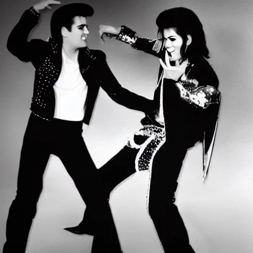 Image similar to elvis presley and michael jackson dancing, award winning photography, high detail, 4 k