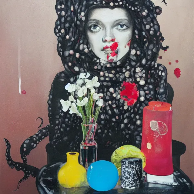 Image similar to empty room with black walls, sensual portrait of a female pathologist, broken vase of flowers and water, octopus, squashed berries, neo - expressionism, surrealism, acrylic and spray paint and oilstick on canvas