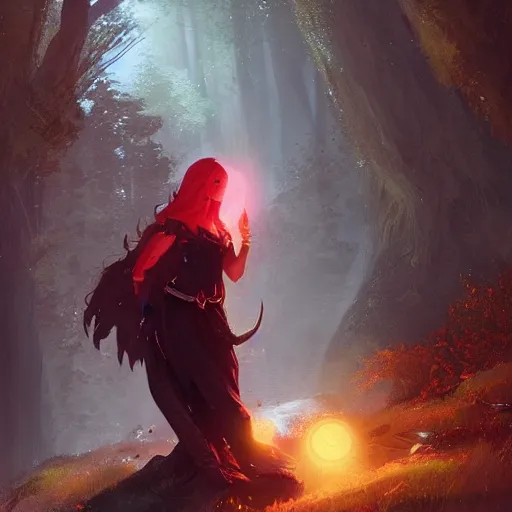 Image similar to a beautiful elf Druid girl with red hair and glowing green eyes , trending on ArtStation , concept art by greg rutkowski