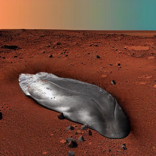 Prompt: whale on mars, photorealistic, very detailed mars soil, high definition landscape, beautiful whale, award winning photograph, wildlife