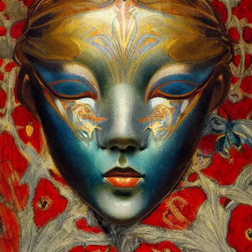 Prompt: a masterpiece painting of a facemask made of stylized flowers, by annie swynnerton and jean delville and tino rodriguez and john watkiss, flower mask, art deco shaman, art brut, symbolist, dramatic cinematic lighting, god rays, iridescent beetles, clean crisp graphics, smooth sharp focus, extremely detailed