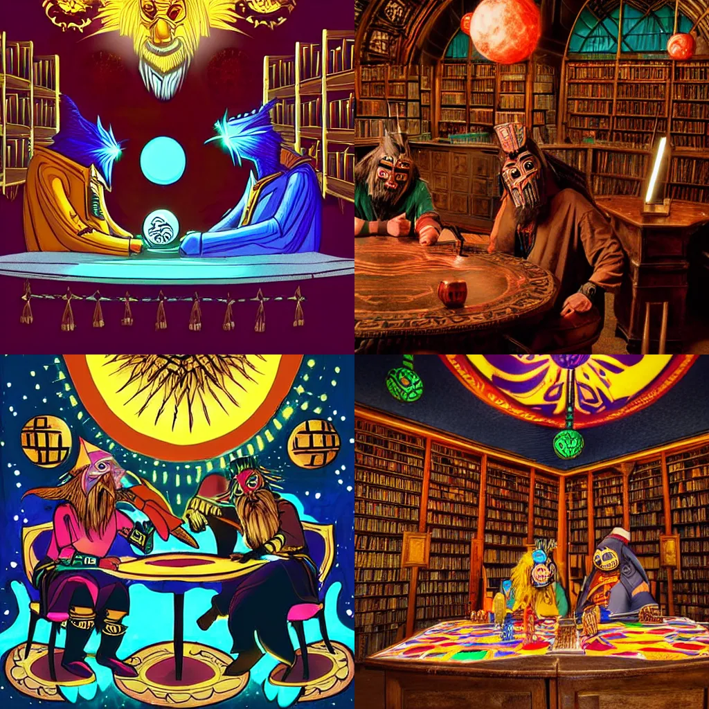 Prompt: two wizards with tribal masks on sitting at a table in a golden library, pondering orbs, colorful, epic lighting, establishing shot