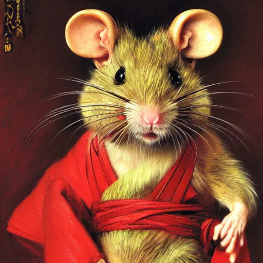 Prompt: a portrait of a hamato yoshi rat wearing a red kimono, hairy, feet, tail. highly detailed painting by gaston bussiere, craig mullins, j. c. leyendecker, furry
