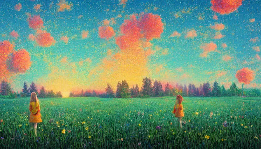 Image similar to girl with an blooming flower face, surreal photography, dream, standing in flower field, hills, big trees, sunrise dramatic light, impressionist painting, colorful clouds and birds in sky, digital painting, pointillism, artstation, simon stalenhag