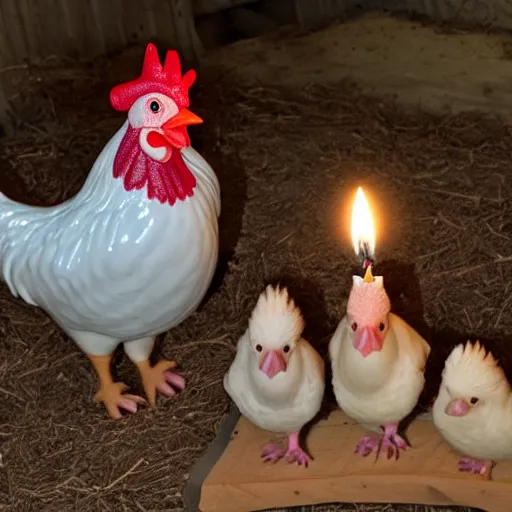 Prompt: there is a birthday cake in a barnyard. the cake has exactly 3 candles. there is 1 rooster to the left of the cake. there is 1 newly hatched light colored downy baby chick to the right of the cake. Nobody else is near.