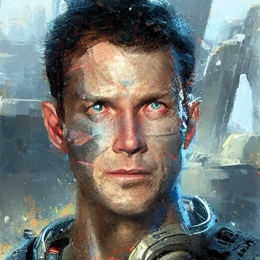 Prompt: heroic man (((cyborg))), sci fi portrait by craig mullins