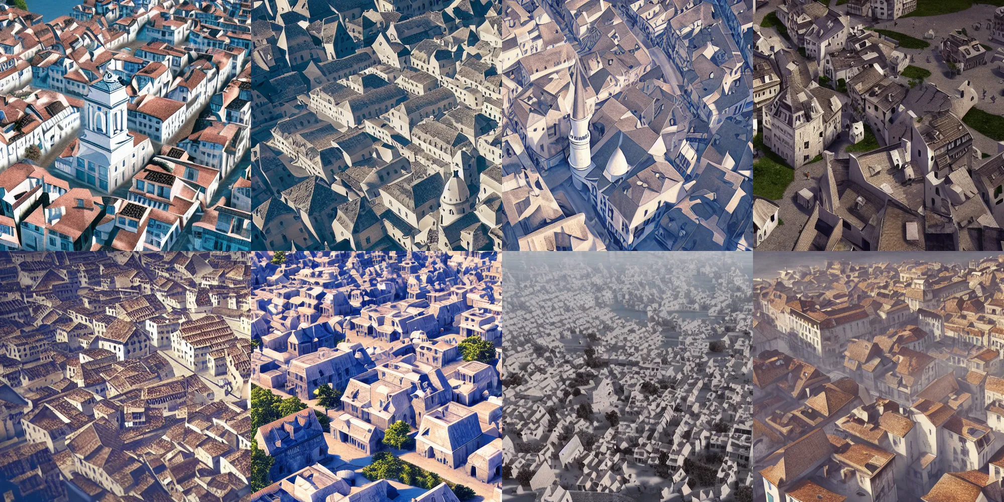 Prompt: birds eye overhead perspective, 1800s french town surrounded by white expanse vivid colours, hexagonal tiles with figurine style buildings and people, atmospheric lighting, daylight, octane render, unreal engine