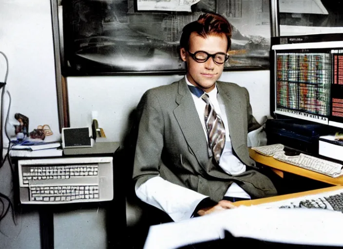 Prompt: color photo. stock market. handsome photomodel sitting by his 8 0's computer in the 8 0's
