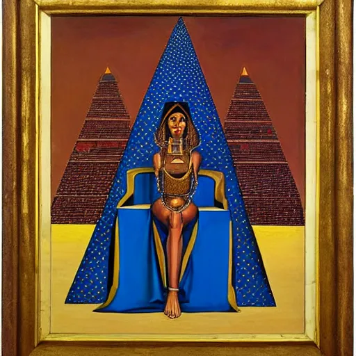 Image similar to a high priestess sitting cross - legged in front of a golden pyramid, by abdul mati klarwein