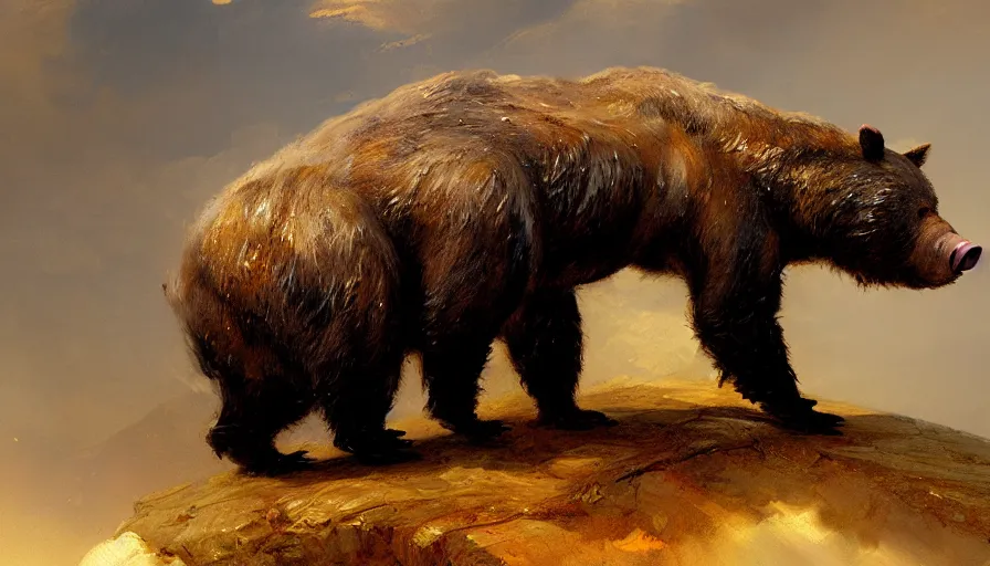 Prompt: highly detailed painting of a half bear half man pig creature by william turner, by greg rutkowski, by william constable, thick brush strokes and visible paint layers, 4 k resolution