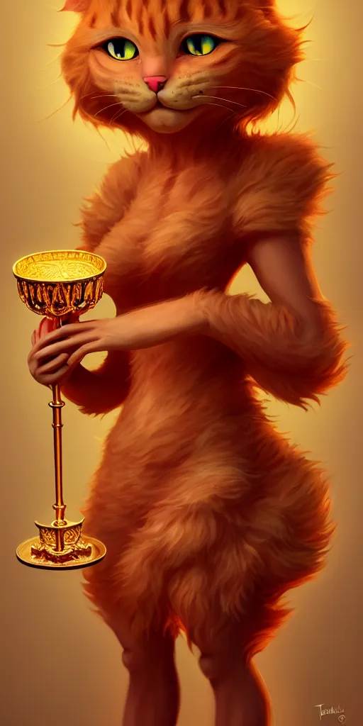 Image similar to fullbody!! personification of garfield the cat garfield goddess holding a blood chalice, detailed, stunning, garfield cat face, hyperrealistic, trending on artstation, smooth and sharp, intricate, highly detailed, elegant, professional character concept art by tatyana kupriyanova