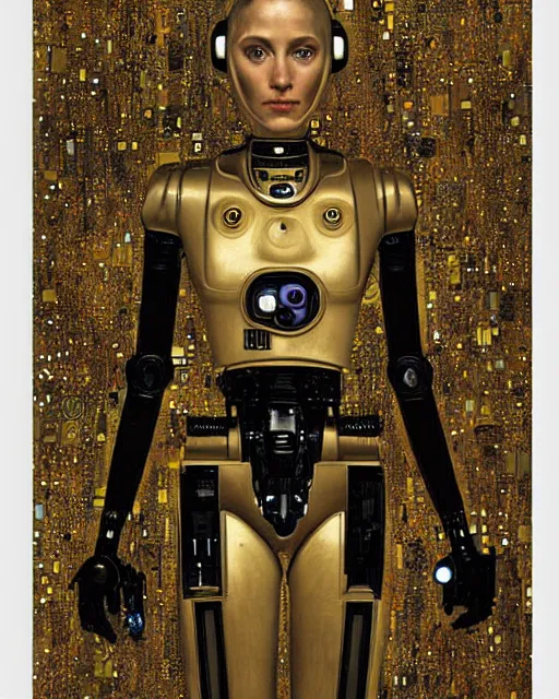 Image similar to Portrait of a droid from iRobot by Gustav Klimt, cyberpunk noir, baroque elements, intricate artwork by caravaggio, aesthetic, intricate, highly detailed, masterpiece