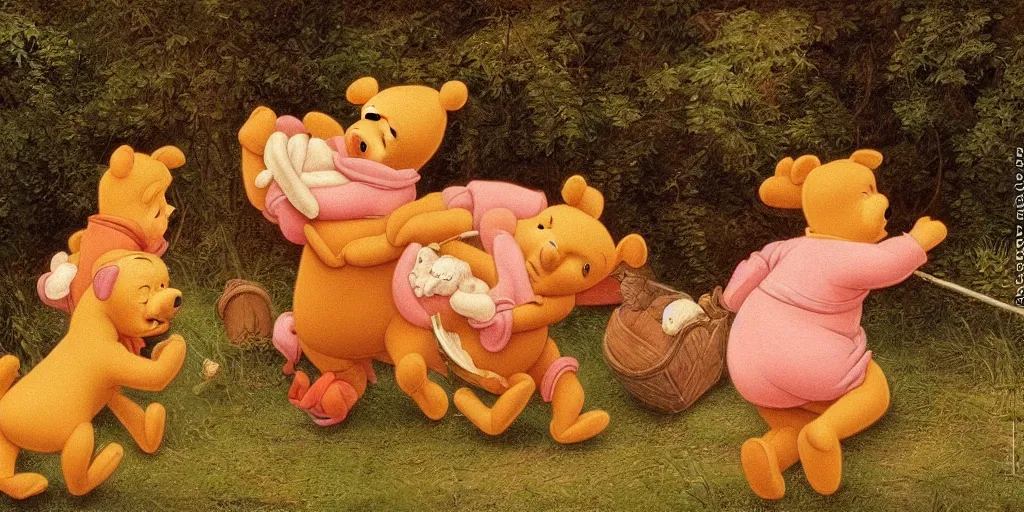 Image similar to A renaissance painting of winnie the pooh hunting piglet, high detail, hyper realistic,