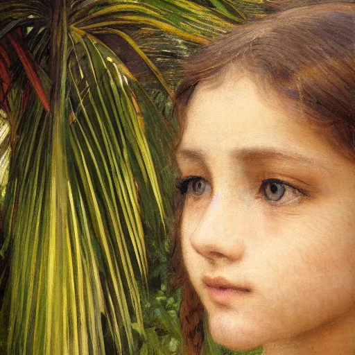 Image similar to a ultradetailed beautiful painting of a girl in the amazonas palace balustrade designed by jules bastien - lepage, hans belmer, frank weston and gustave baumann, beach, trending on artstation, mediterranean, palm trees, detailed face, sharp focus, soft light, 8 k 4 k