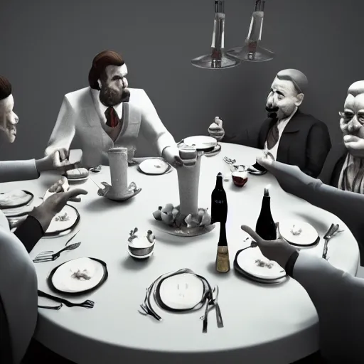 Image similar to a mafia family having dinner around a table, 3 d render octane, trending on artstation