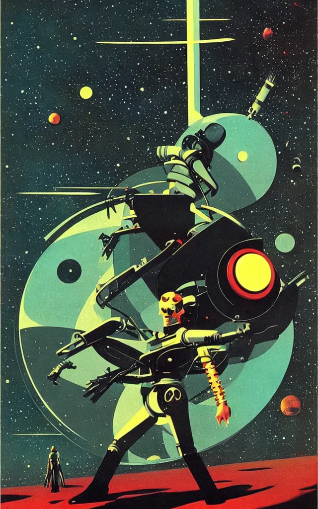 Image similar to space cowboy cyborg. space fantasy. bauhaus art. retro comicbook art. dean ellis.