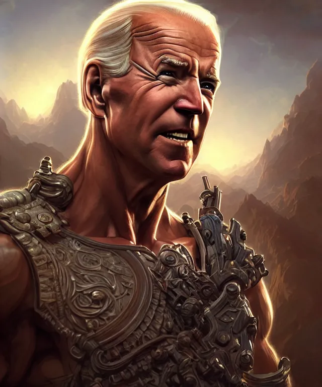 Image similar to muscular, heroic, ruggedly handsome Joe Biden, fantasy, intricate, elegant, highly detailed, digital painting, artstation, concept art, smooth, sharp focus, illustration, art by artgerm and greg rutkowski and alphonse mucha